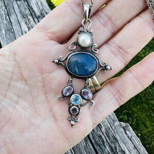 Sterling 925 Gemstone Necklace Pearl Lapis Doublet Rutilated Quartz Amethyst